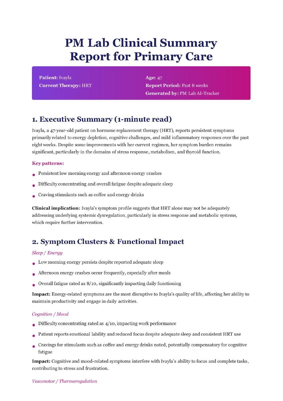 First page of a sample Luna clinician report: executive summary, key patterns and symptom clusters