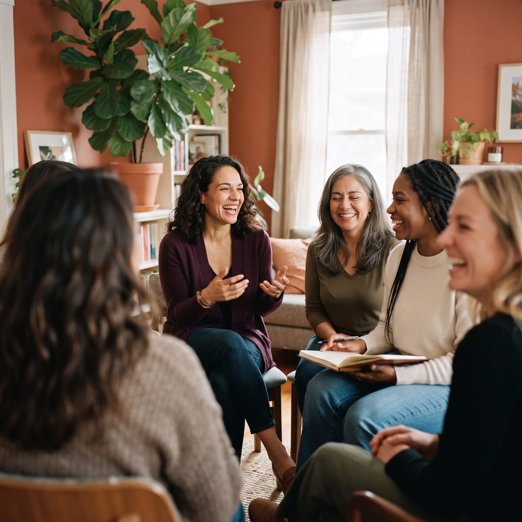 A group of women of different ages sitting together in a living room, talking and laughing, one holding an open notebook